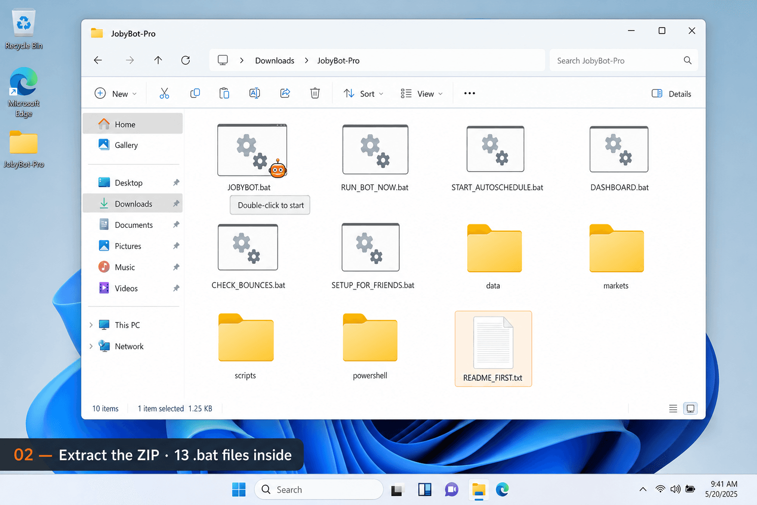 Windows 11 File Explorer showing the JobyBot-Pro folder with thirteen .bat files clearly visible