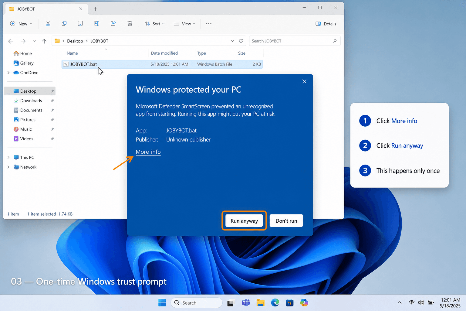 Windows SmartScreen dialog with More info link and Run anyway button highlighted in orange