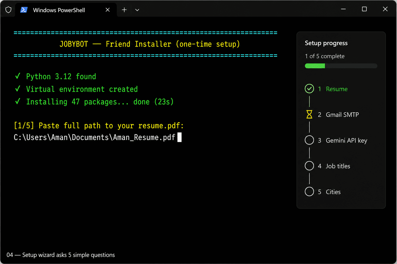Windows PowerShell terminal showing the JobyBots installer wizard asking for the resume path