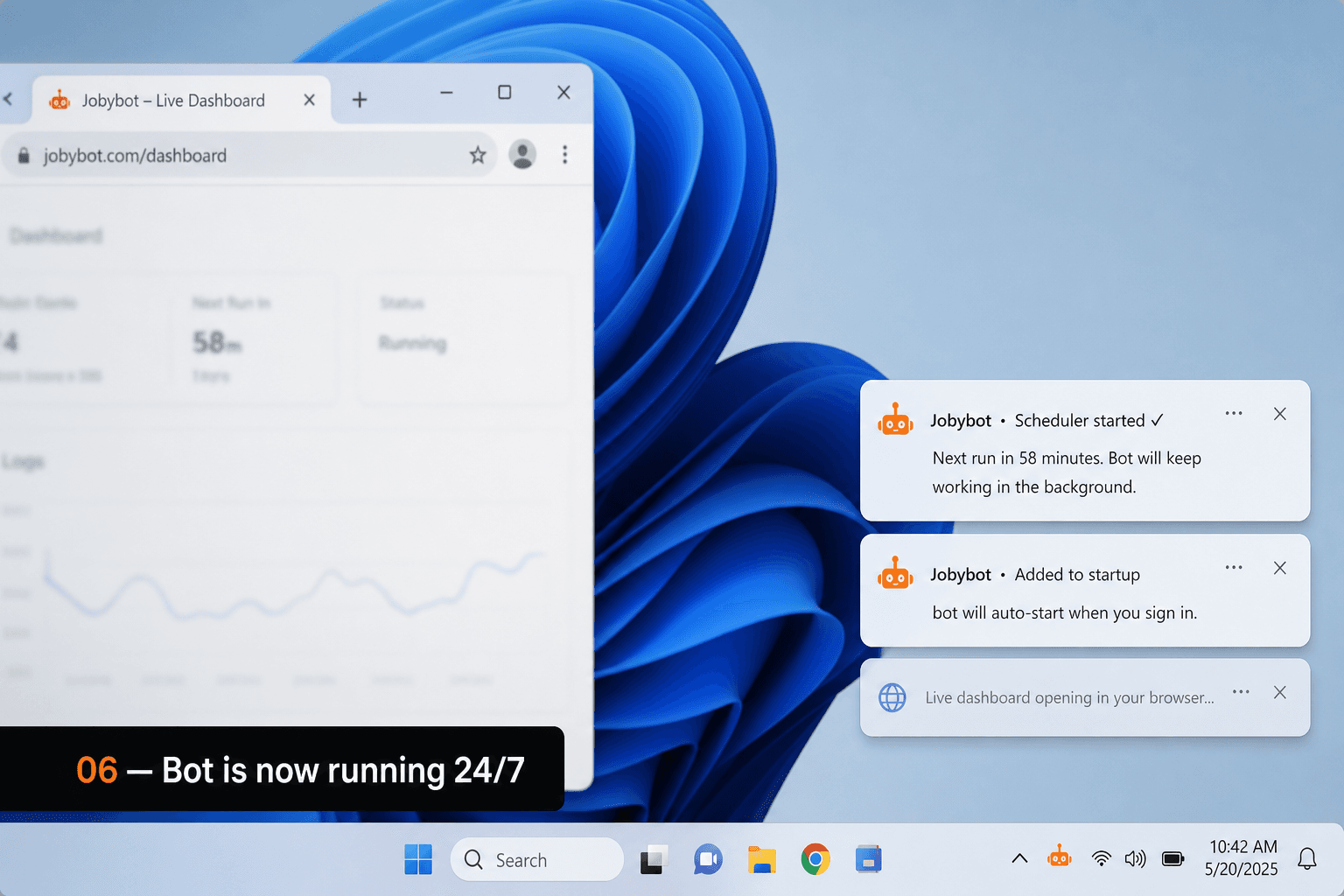 Windows 11 desktop showing JobyBots notifications confirming the scheduler is running 24/7