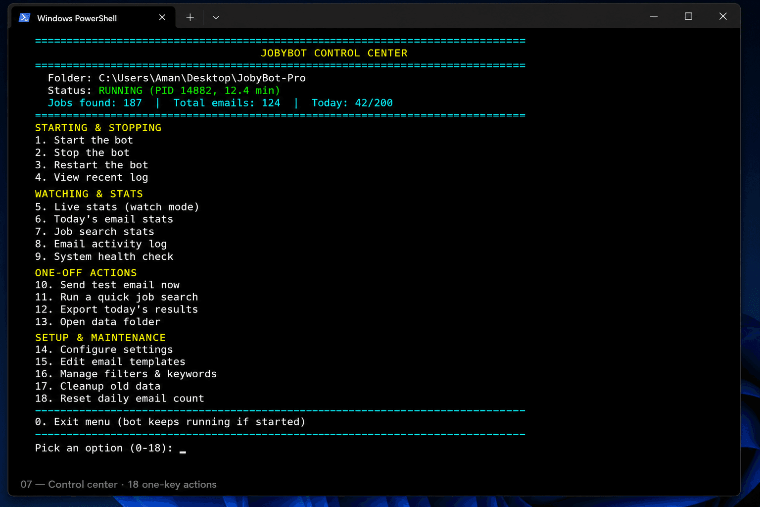 JOBYBOT Control Center terminal showing 18 menu options grouped into four categories