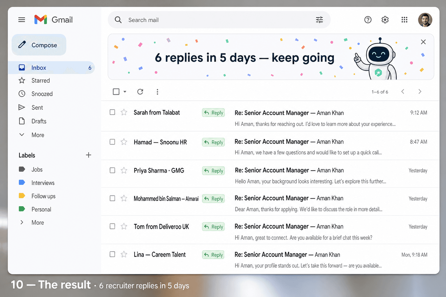 Gmail inbox showing six recruiter replies five days after starting JobyBots